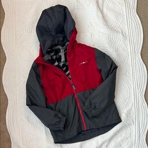 Eddie Bauer Red and Gray Warm Raincoat with a Hood and Removable Fleece Liner.